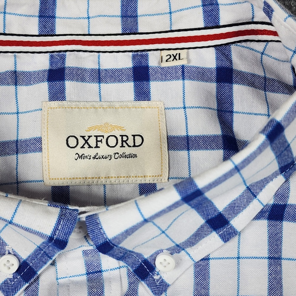 Oxford Mens Luxury Collection Blue White Plaid Button Down Shirt 2XL Long Sleeve - Picture 2 of 4